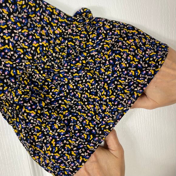 NWOT MAEVE ANTHROPOLOGIE Top XS Blue Yellow Abstract Pleated Button-Up 3/4-Sleev - Picture 3 of 12